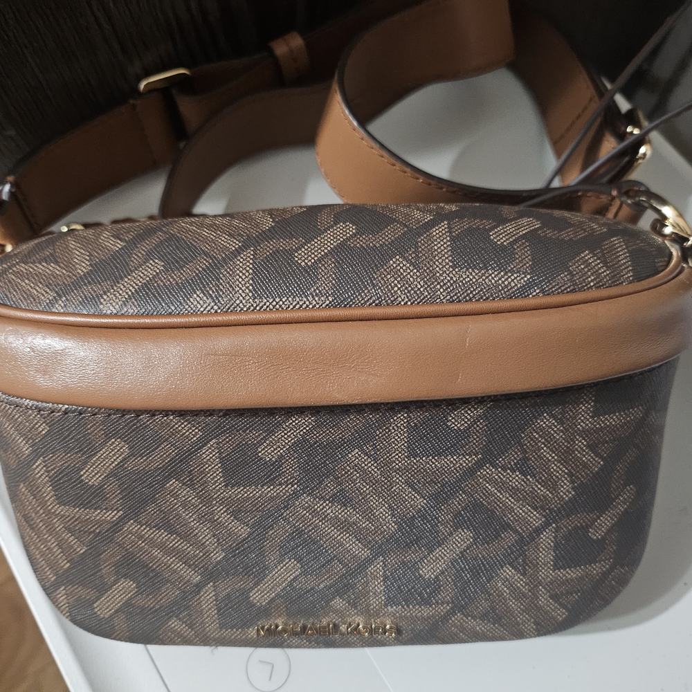New Michael Kors Logo Patterned Brown and Tan Bag